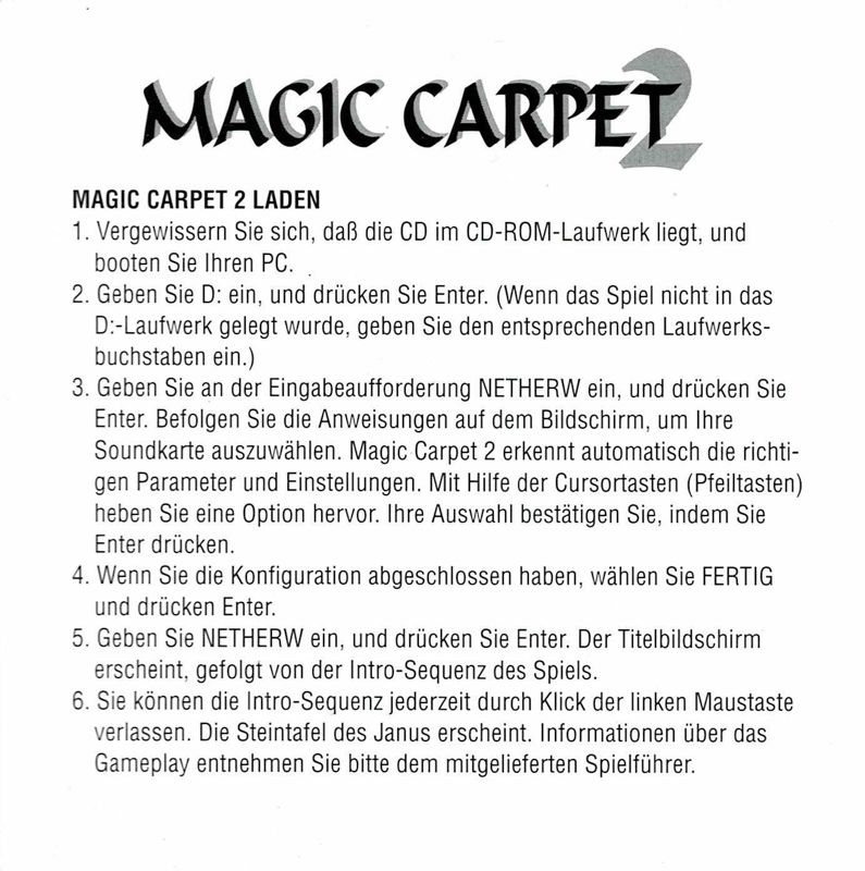 Manual for Magic Carpet 2: The Netherworlds (DOS) (Corvus Verlag release): Front