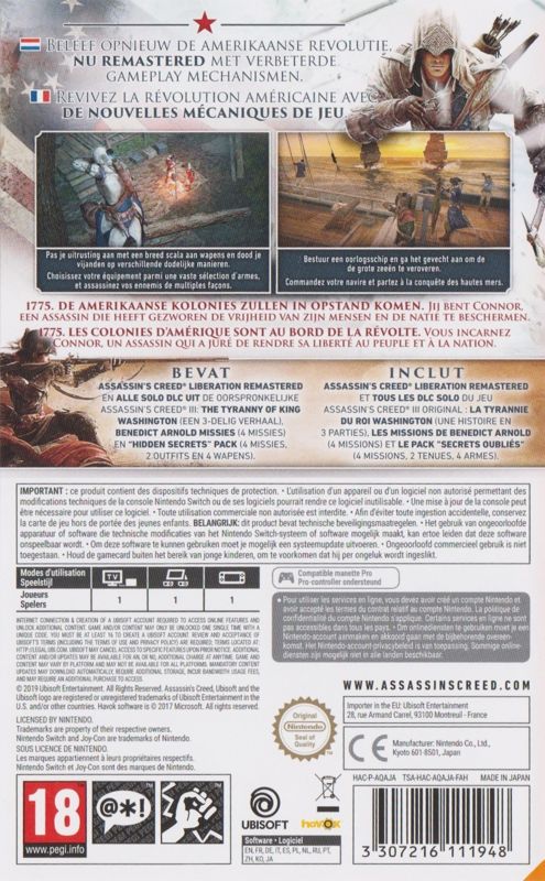 Back Cover for Assassin's Creed III: Remastered (Nintendo Switch)