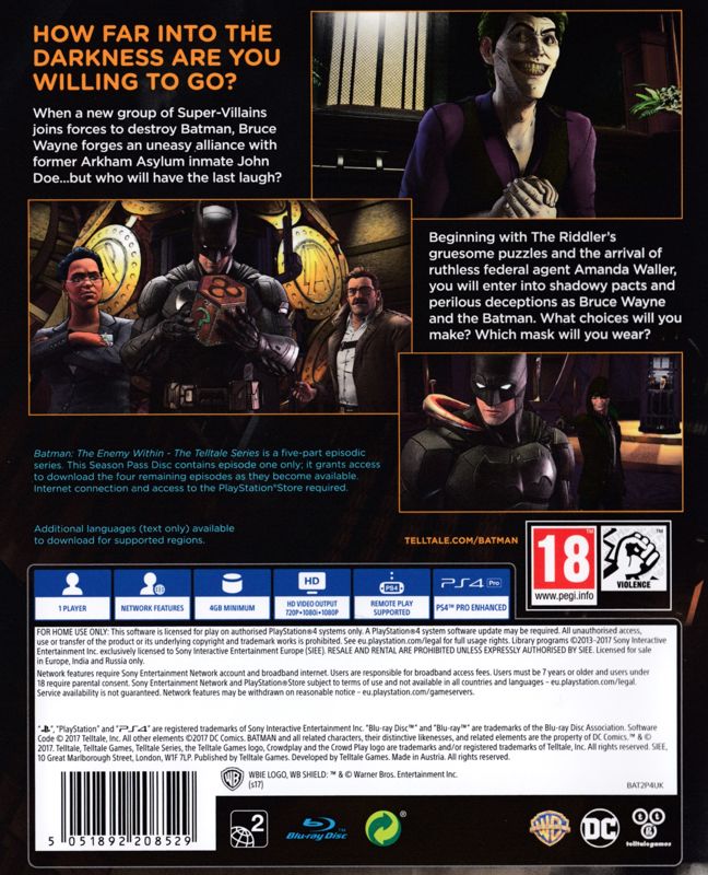 Back Cover for Batman: The Telltale Series - The Enemy Within (PlayStation 4)