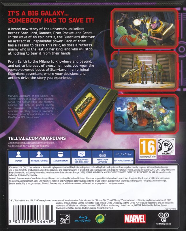 Back Cover for Marvel Guardians of the Galaxy: The Telltale Series (PlayStation 4)