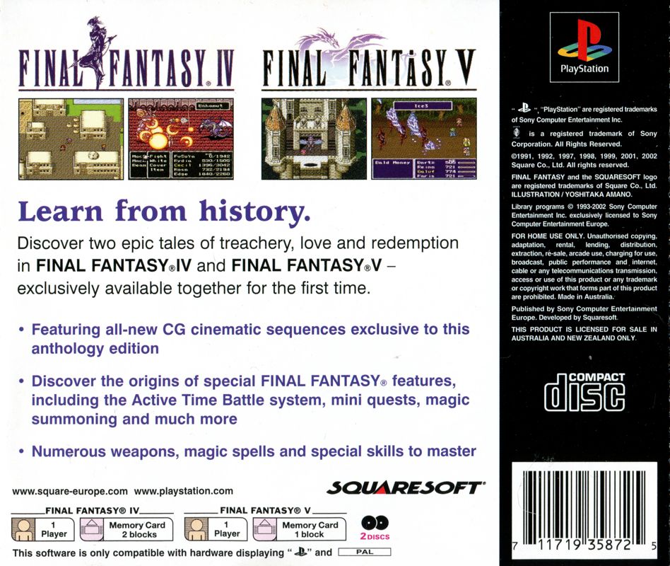 Back Cover for Final Fantasy: Anthology - European Edition (PlayStation)