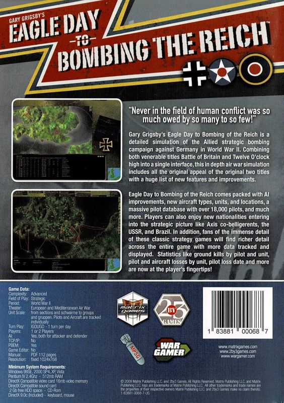 Back Cover for Gary Grigsby's Eagle Day to Bombing the Reich (Windows) (Mail Order release)