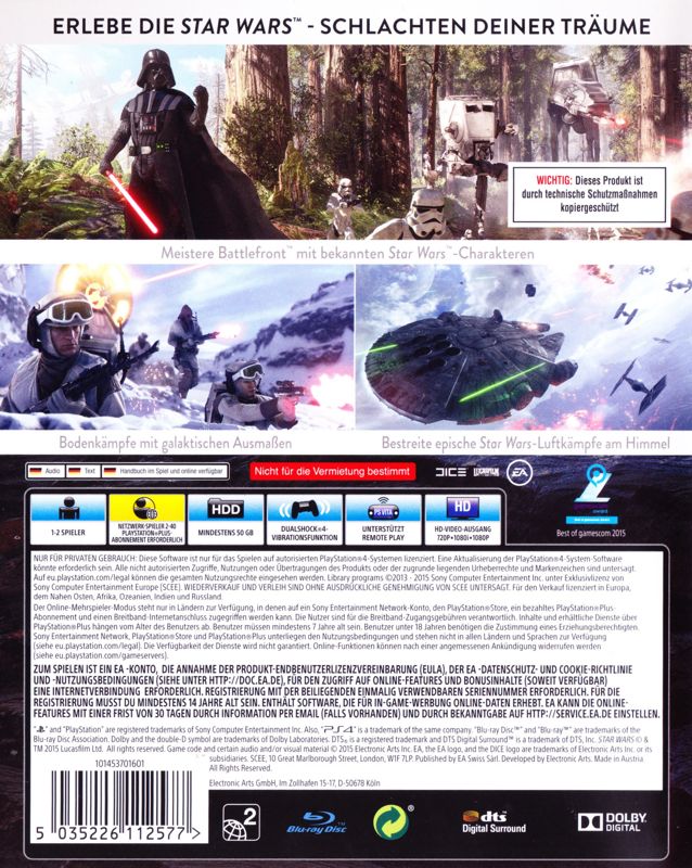 Back Cover for Star Wars: Battlefront (PlayStation 4)