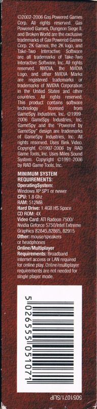 Spine/Sides for Dungeon Siege II: Deluxe Edition (Windows) (Slipcase + Digipak): Slipcase Bottom - Tech Specs and Product Codes