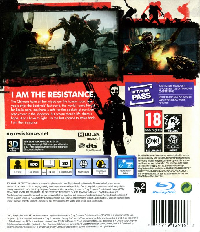 Back Cover for Resistance 3 (PlayStation 3)