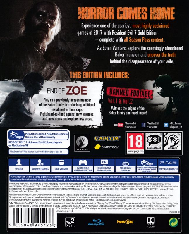 Back Cover for Resident Evil 7: Biohazard - Gold Edition (PlayStation 4)