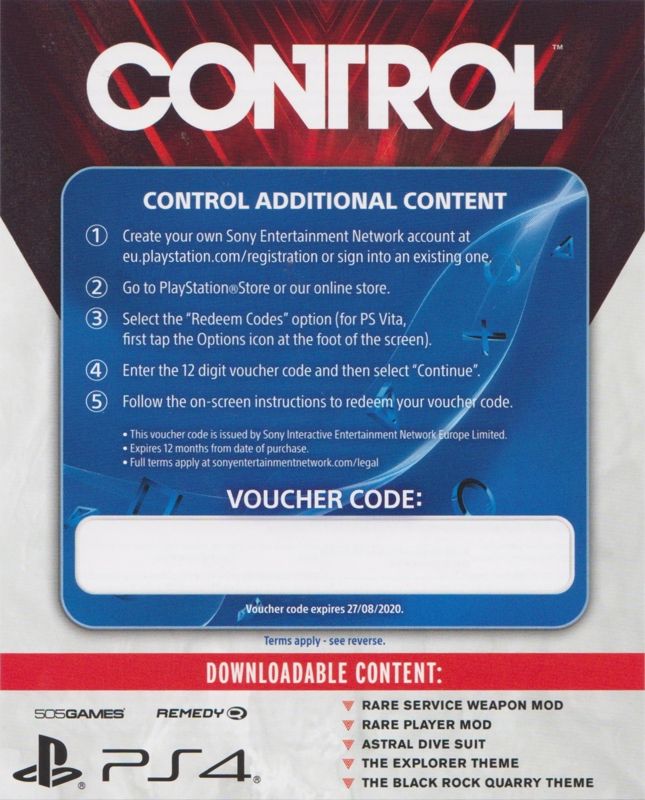 Other for Control (Steelbook Deluxe Edition) (PlayStation 4) (Sleeved Steelbook): PS4 Exclusive Content DLC Flyer - Front