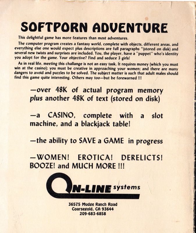 Back Cover for Softporn Adventure (Atari 8-bit)