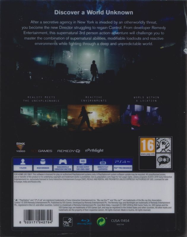 Back Cover for Control (Steelbook Deluxe Edition) (PlayStation 4) (Sleeved Steelbook)
