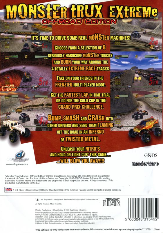 Back Cover for Monster Trux Extreme: Offroad Edition (PlayStation 2)