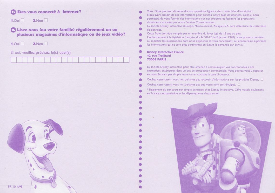 Extras for Disney's Hercules (Windows): Registration Card - Back (2-folded)