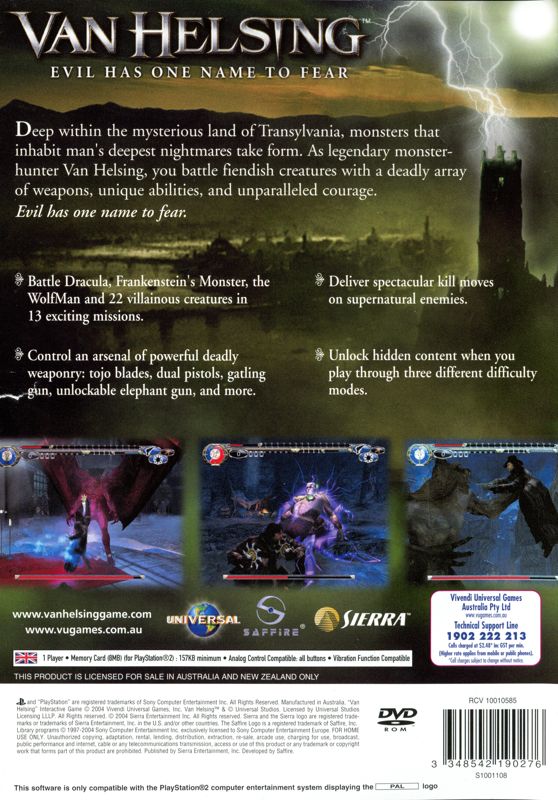 Back Cover for Van Helsing (PlayStation 2)
