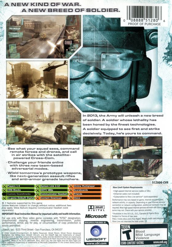 Back Cover for Tom Clancy's Ghost Recon: Advanced Warfighter (Xbox)