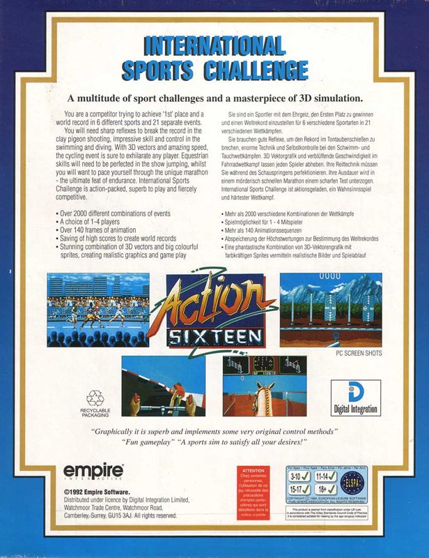 Back Cover for International Sports Challenge (DOS) (Action Sixteen release)