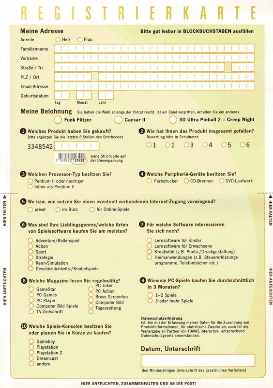 Extras for Tribes 2 (Windows): Registration Card - Back