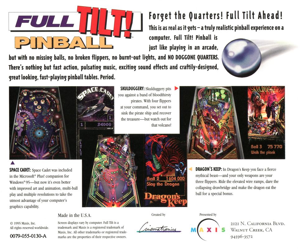 Back Cover for Full Tilt! Pinball (Macintosh and Windows and Windows 3.x)
