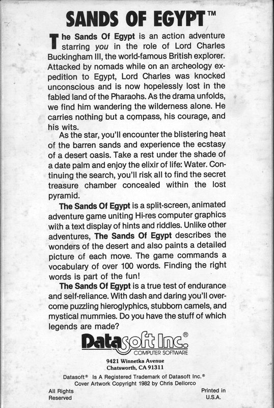 Back Cover for The Sands of Egypt (Apple II)