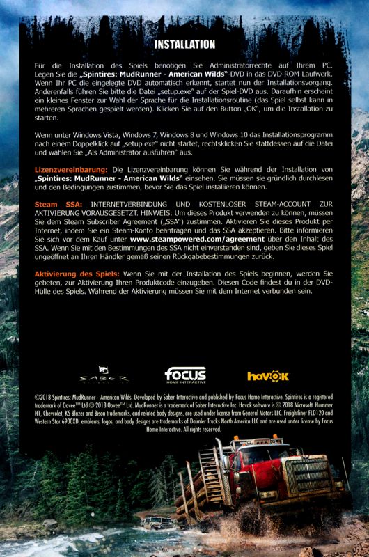 Reference Card for Spintires: MudRunner - American Wilds (Windows): Installation/Health/Safety Info - Back