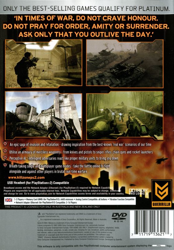 Back Cover for Killzone (PlayStation 2) (Platinum release)