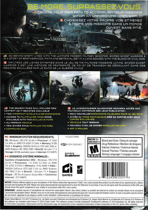 Back Cover for Sniper: Ghost Warrior 3 (Season Pass Edition) (Windows)