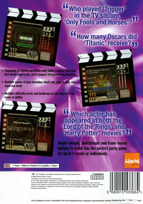 Back Cover for The Ultimate TV & Film Quiz (PlayStation 2)