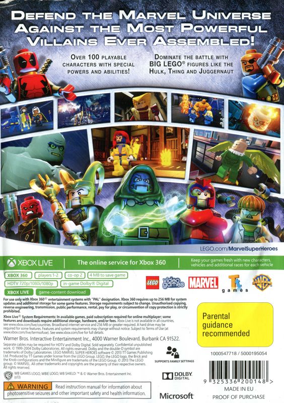 Back Cover for LEGO Marvel Super Heroes (Xbox 360) (Classics release)