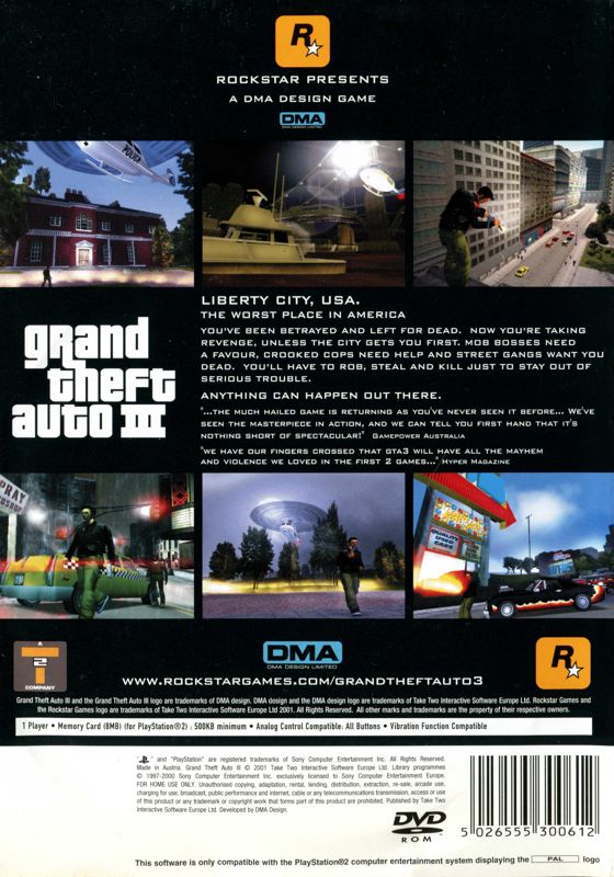Back Cover for Grand Theft Auto III (PlayStation 2) (Alternate release)