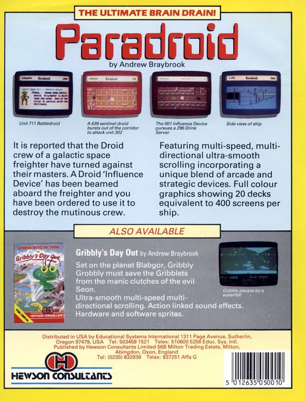 Back Cover for Paradroid (Commodore 64)