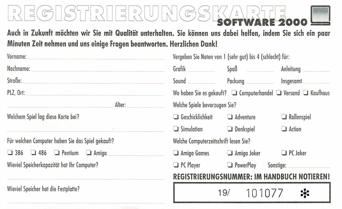 Extras for Star Rangers (DOS): Registration Card - Back