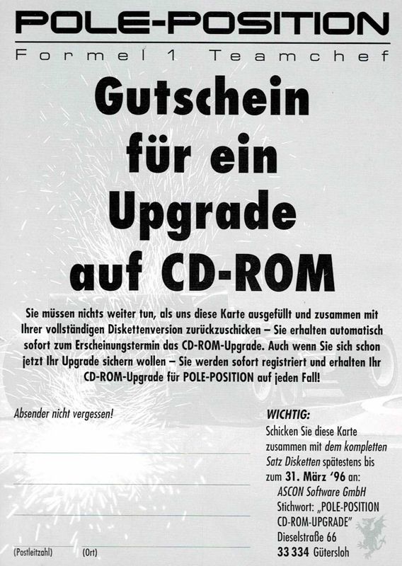 Extras for Team F1 (DOS) (3.5" disk release): Upgrade Coupon - Front