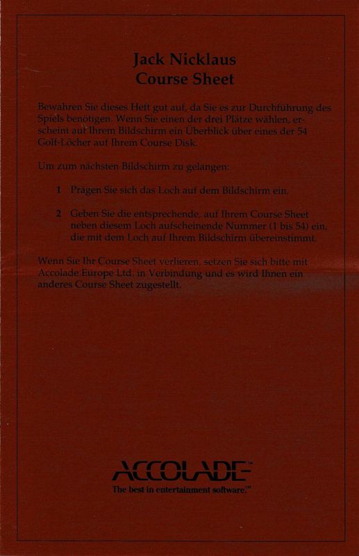 Extras for Accolade Pro-Sport Challenge (DOS): Course Sheet - Jack Nicklaus' Greatest 18 Holes of Major Championship Golf - Front