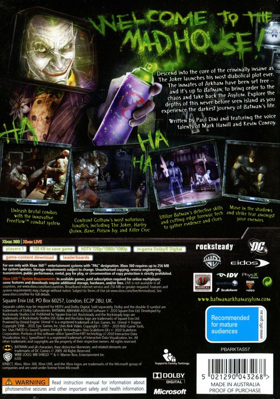 Back Cover for Batman: Arkham Asylum (Xbox 360) (Classics release)