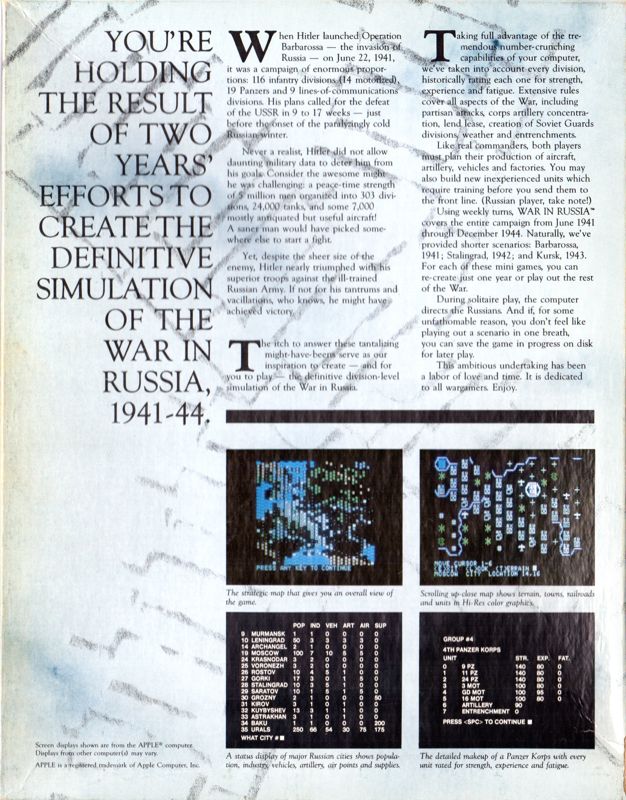 Back Cover for War in Russia (Apple II)