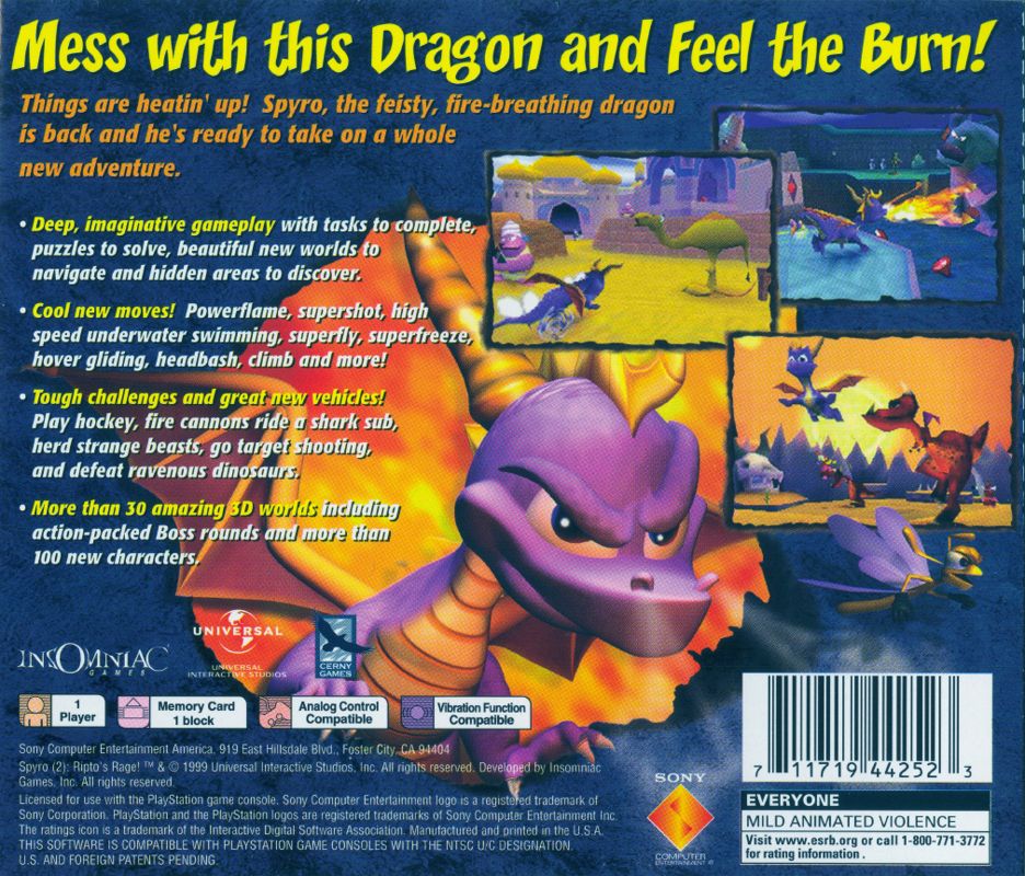 Back Cover for Spyro 2: Ripto's Rage! (PlayStation) (Greatest Hits release)