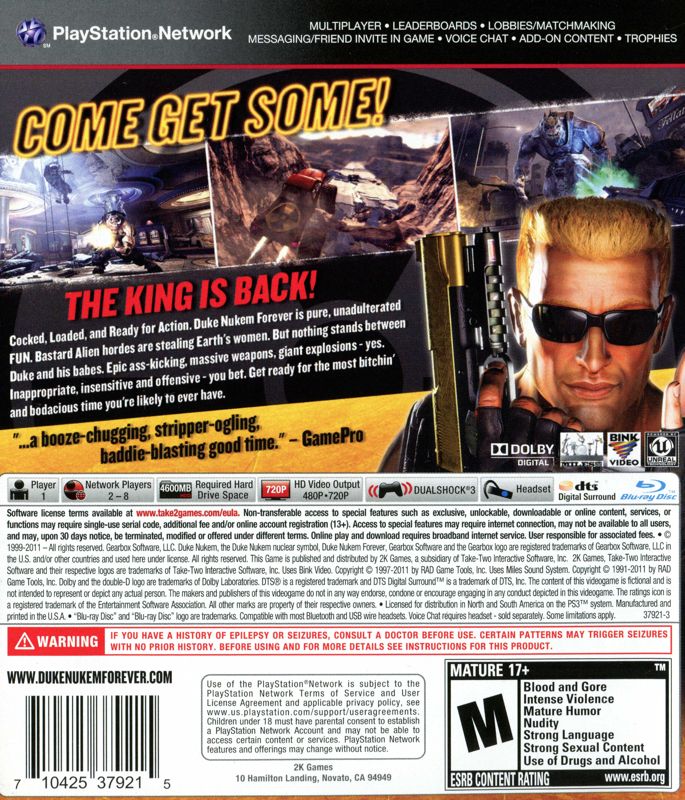 Back Cover for Duke Nukem Forever (PlayStation 3)