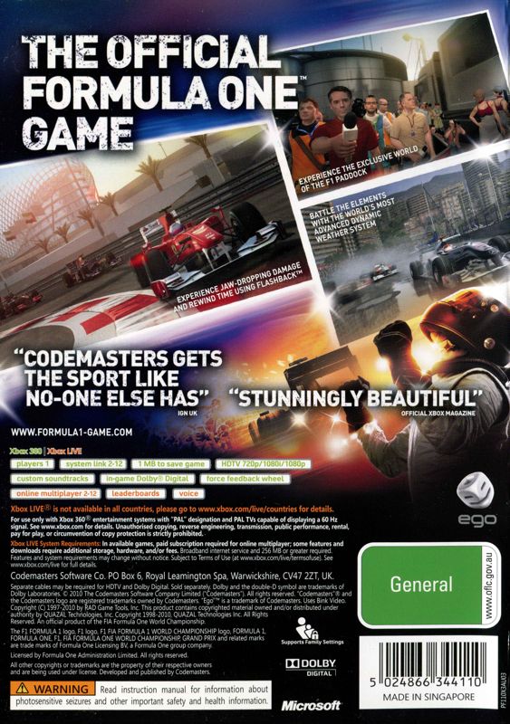 Back Cover for F1 2010 (Xbox 360)