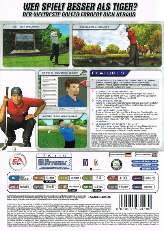 Back Cover for Tiger Woods PGA Tour 2004 (Windows)