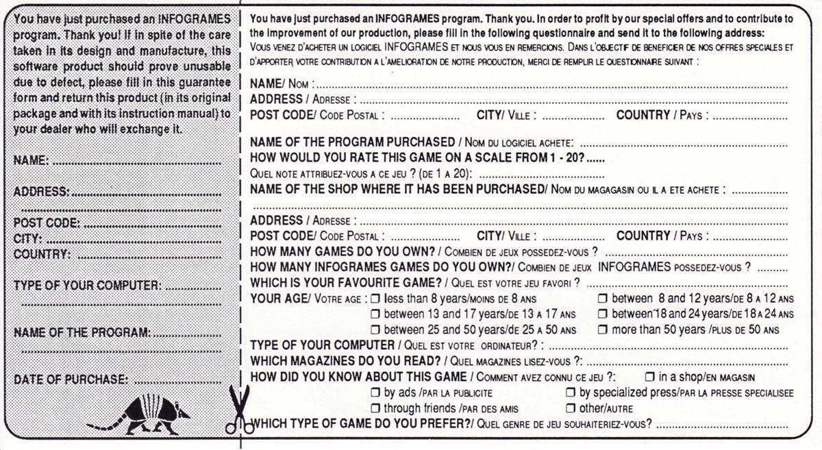 Extras for Alone in the Dark (DOS): Registration Card Back