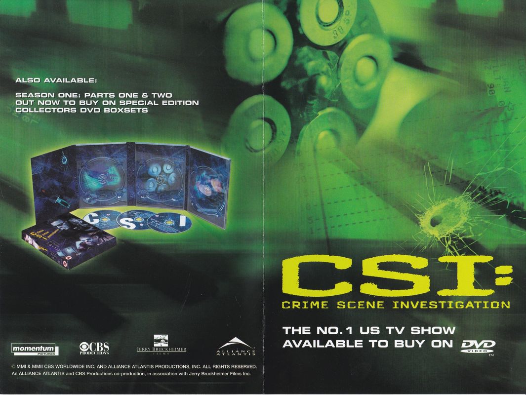 Advertisement for CSI: Crime Scene Investigation (Windows): Two panel advert: Side 1 - CSI Season 1