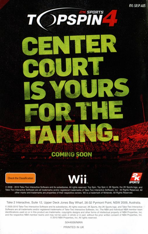 Manual for NBA 2K11 (Wii): Back
