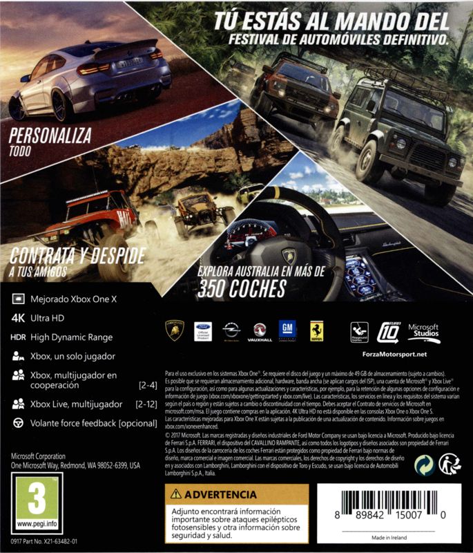 Back Cover for Forza Horizon 3 (Xbox One)