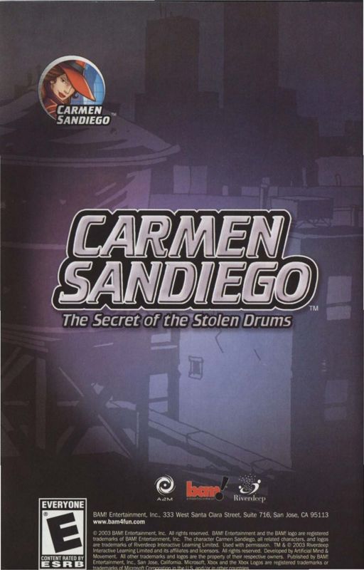 Manual for Carmen Sandiego: The Secret of the Stolen Drums (Xbox): Back
