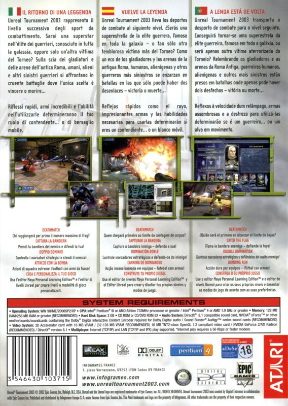 Back Cover for Unreal Tournament 2003 (Linux and Windows)