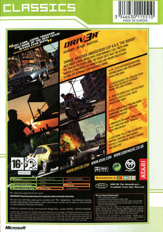 Back Cover for Driv3r (Xbox) (Classics release)