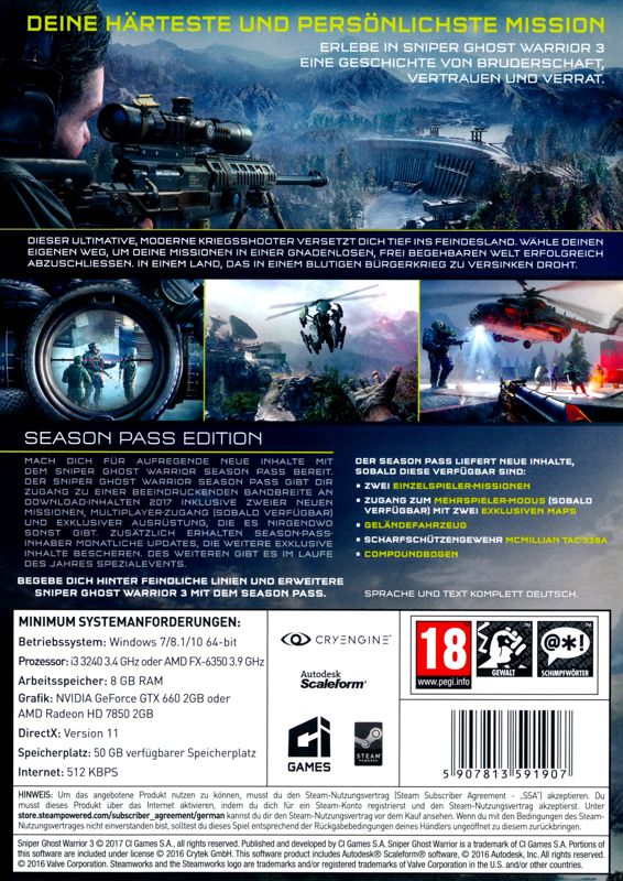 Back Cover for Sniper: Ghost Warrior 3 (Season Pass Edition) (Windows)