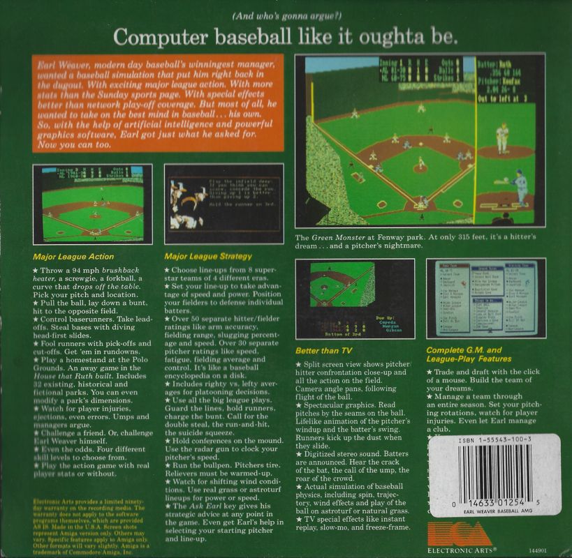 Back Cover for Earl Weaver Baseball (Amiga)