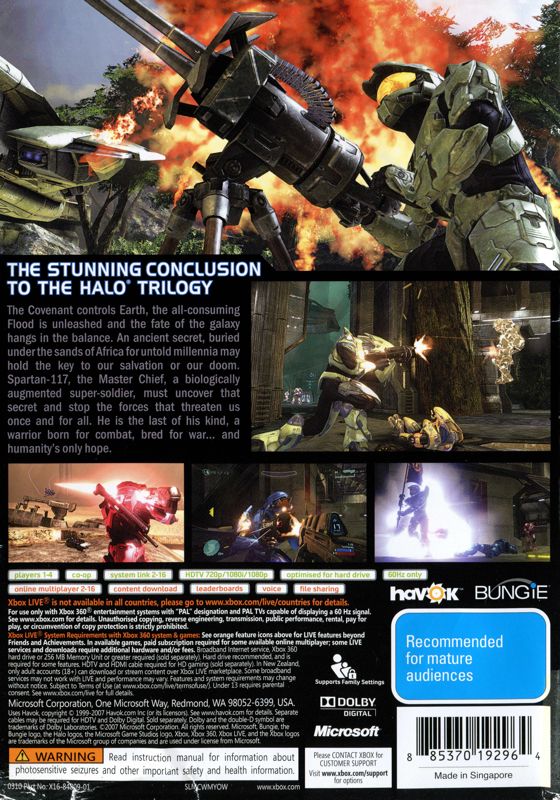 Back Cover for Halo 3 (Xbox 360) (Classics release)