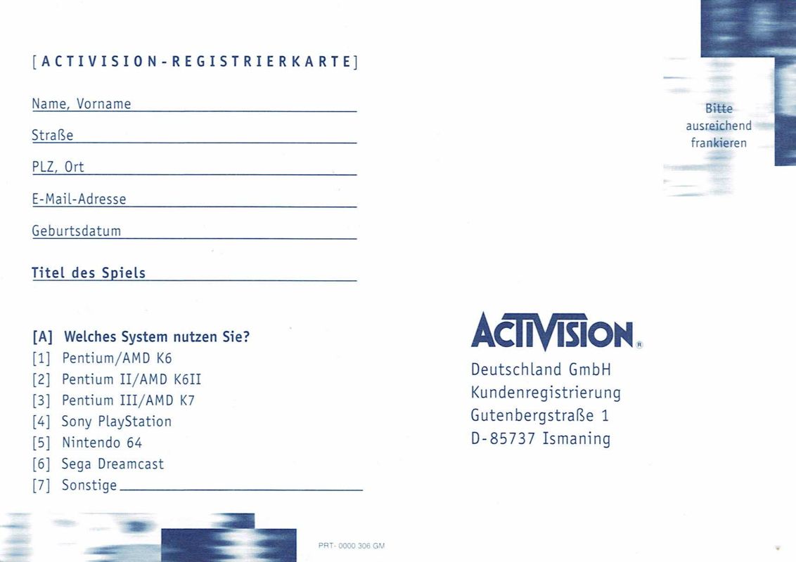 Extras for Battlezone II: Combat Commander (Windows): Registration Card - Back