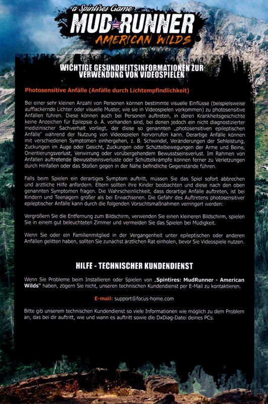 Reference Card for Spintires: MudRunner - American Wilds (Windows): Installation/Health/Safety Info - Front