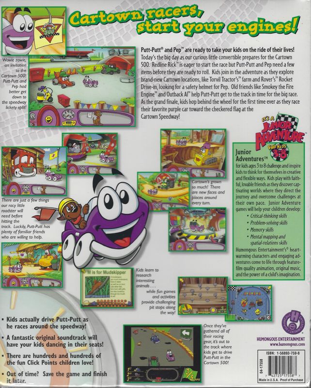 Back Cover for Putt-Putt Enters the Race (Macintosh and Windows and Windows 3.x) (Original release with collectable keychain)